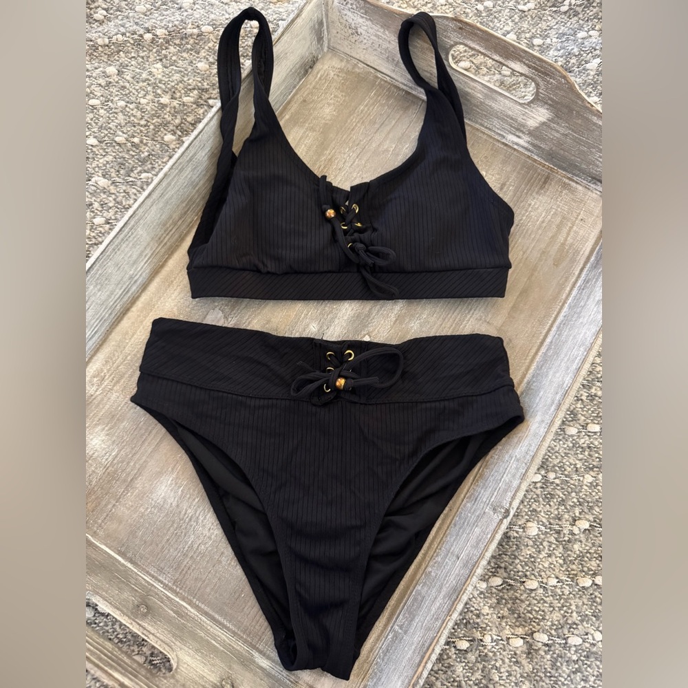 BONGO black ribbed two-piece swimsuit set, gold accents, high-waisted bottoms